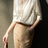 Scalloped V-Neck Embroidered Satin Blouse