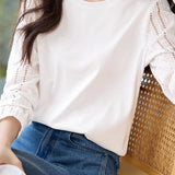 Mixed Material Round Neck Lace Sleeve T-Shirt
