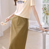Two-Piece Set: Round Neck Flower Embroidered Logo Print T-Shirt + Side Pocket Straight Long Skirt