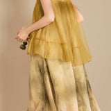 Halter neck tulle switching shading dicelup gaun panjang dengan lapisan, disertakan 3 warna