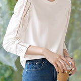 Mixed Material Round Neck Lace Sleeve T-Shirt