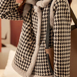 Lapel Collar Eco Fur Decor Houndstooth Jacket