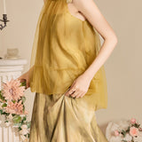 Halter neck tulle switching shading dicelup gaun panjang dengan lapisan, disertakan 3 warna