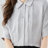 Peter Pan Collar Front Tuck Satin Blouse - 2 Colors Available