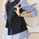 Mixed Material Striped Contrast Blouse