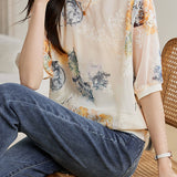 Round Neck Flower Embroidered Printed T-Shirt with Lining
