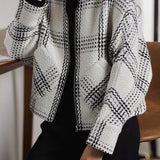 Elegant Black and White Check Wool Coat