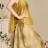 Halter neck tulle switching shading dicelup gaun panjang dengan lapisan, disertakan 3 warna