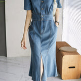 V-Neck Front Slit Mermaid Denim Dress