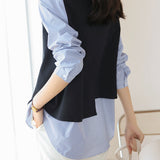 Mixed Material Striped Contrast Blouse