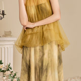Halter neck tulle switching shading dicelup gaun panjang dengan lapisan, disertakan 3 warna