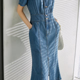 V-Neck Front Slit Mermaid Denim Dress