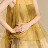 Halter neck tulle switching shading dicelup gaun panjang dengan lapisan, disertakan 3 warna
