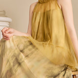Halter neck tulle switching shading dicelup gaun panjang dengan lapisan, disertakan 3 warna