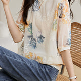 Round Neck Flower Embroidered Printed T-Shirt with Lining