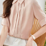 Peter Pan Collar Front Tuck Satin Blouse - 2 Colors Available