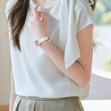 Diagonal Bow Tie Collar Drop Shoulder Satin Blouse - 2 Colors Available