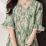 V-neck printed ruffled sleeve loose shirt