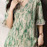 V-neck printed ruffled sleeve loose shirt