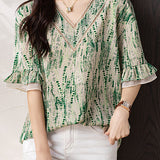 V-neck printed ruffled sleeve loose shirt