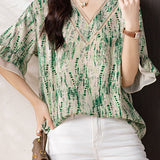 V-neck printed ruffled sleeve loose shirt