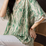 V-neck printed ruffled sleeve loose shirt