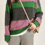 Patchwork color-contrasting striped sweater