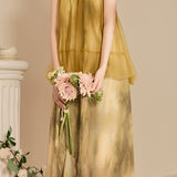 Halter neck tulle switching shading dicelup gaun panjang dengan lapisan, disertakan 3 warna