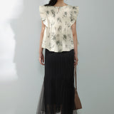 Flower Print Flare Sleeve Pintuck Blouse