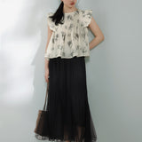 Flower Print Flare Sleeve Pintuck Blouse