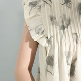 Flower Print Flare Sleeve Pintuck Blouse