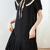 Peter Pan Collar Pleats Contrast Puff Dress