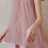 Halter neck tulle switching shading dicelup gaun panjang dengan lapisan, disertakan 3 warna