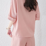 Button-up short sleeve shirt with waist tie pleated shorts set