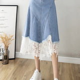 Elegant Lace Splicing Denim Skirt