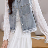 Lace Patchwork Denim Vest Jacket
