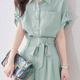 Button-up short sleeve shirt with waist tie pleated shorts set