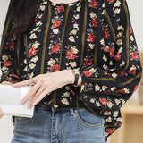 Round neck printed lantern sleeve shirt