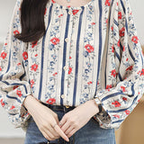 Round neck printed lantern sleeve shirt