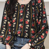 Round neck printed lantern sleeve shirt