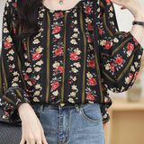 Round neck printed lantern sleeve shirt
