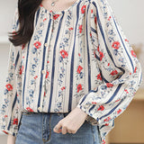 Round neck printed lantern sleeve shirt