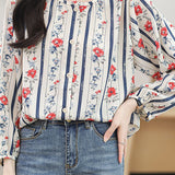 Round neck printed lantern sleeve shirt