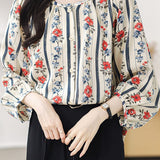 Round neck printed lantern sleeve shirt