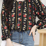 Round neck printed lantern sleeve shirt
