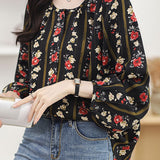 Round neck printed lantern sleeve shirt