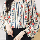 Round neck printed lantern sleeve shirt