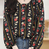 Round neck printed lantern sleeve shirt