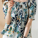 Square neck puff sleeve cable knit pullover