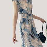 Half-stand collar ink wash printed dress